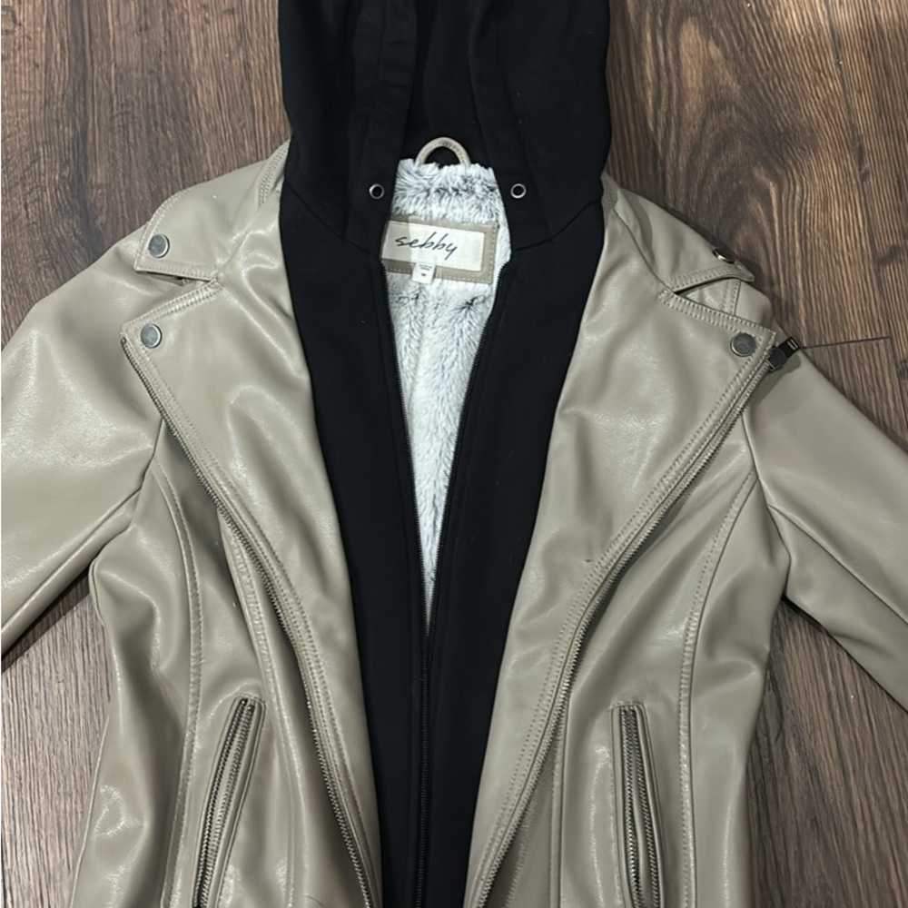 Selby Faux Leather Jacket with Black Hood - Taupe Exterior